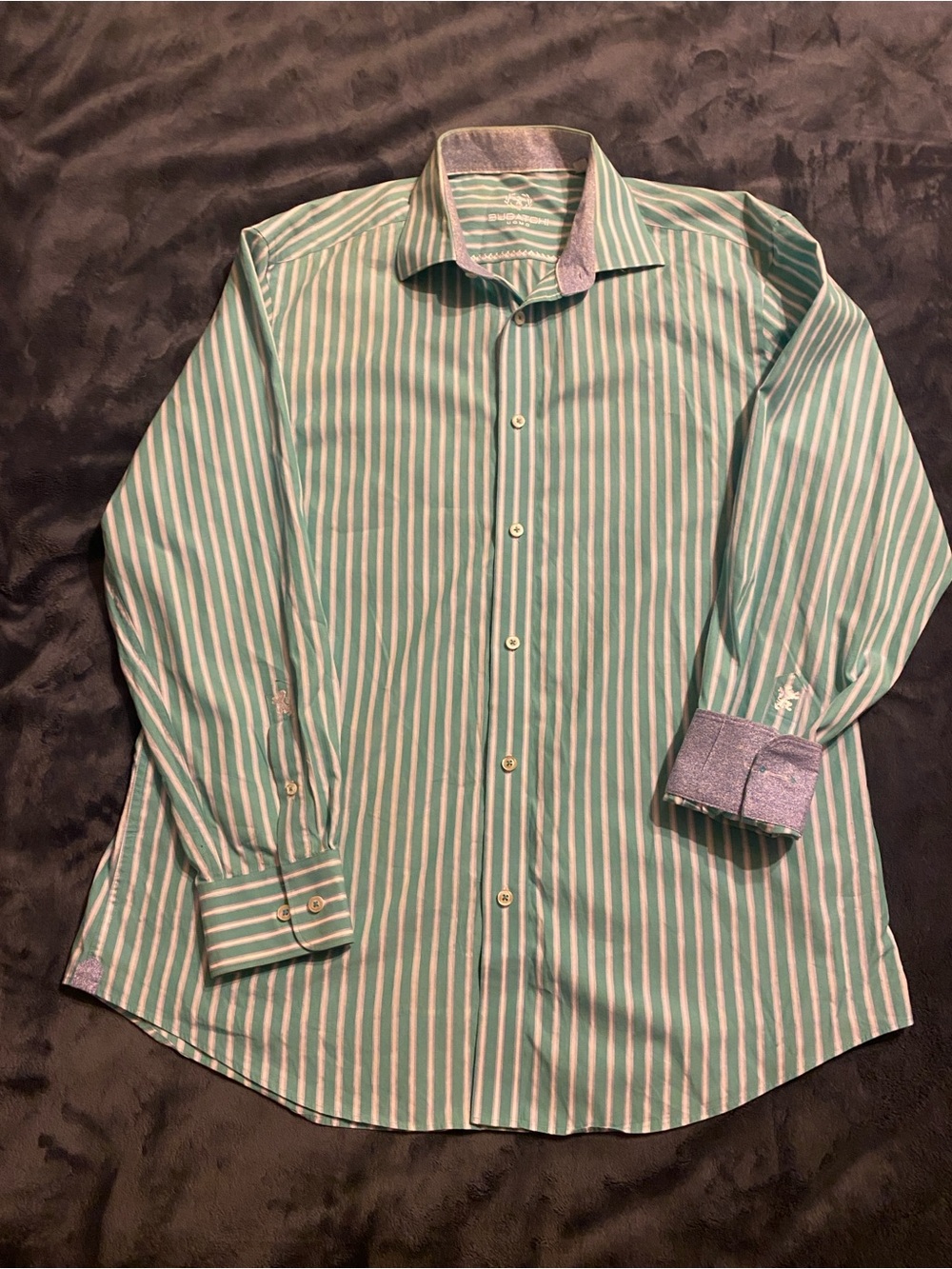 Bugatchi Green and White Striped Dress Shirt with Contrasting Cuffs